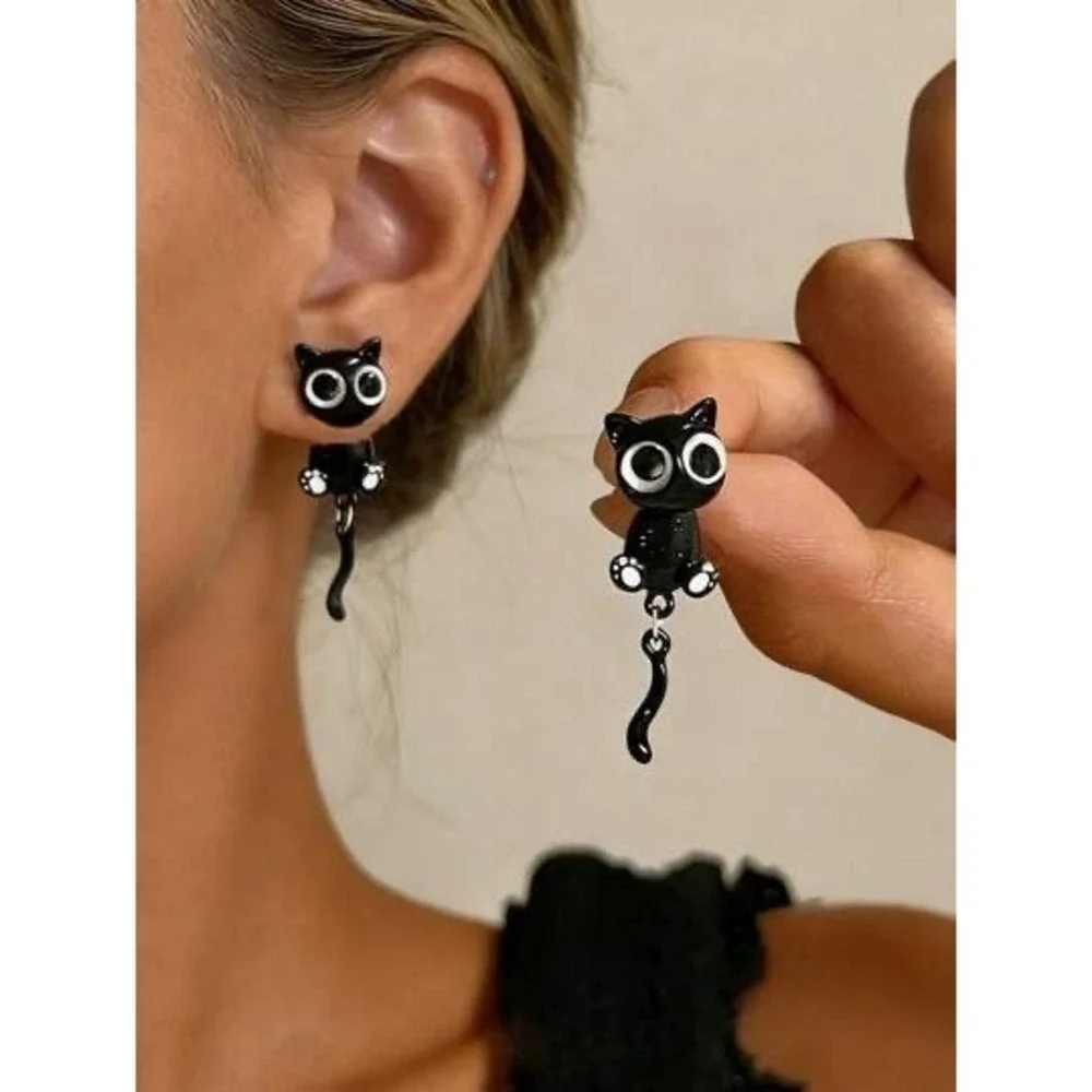 #51. Black Big Eyed Cat Hanging Cat Tail Earrings